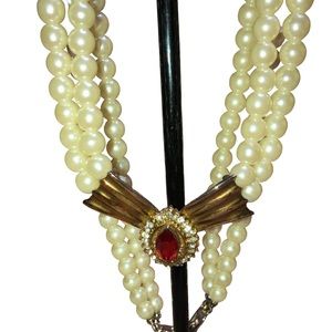 White Pearl and Red Pendant Necklace